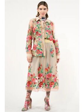 Sheer Floral Embroidered Skirt- Beige with Pink & Green Flowers